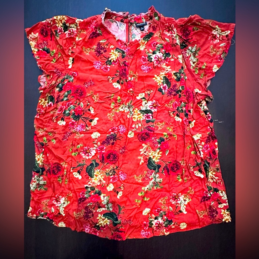 Torrid Mock Neck Orange Floral Flutter Sleeve Top